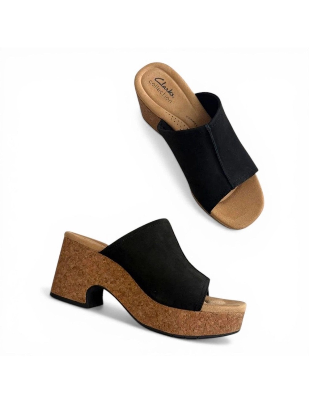 Clarks Collection Women's Nerisa Vine Wedge Black Sandals Size 9 US Peep Cork